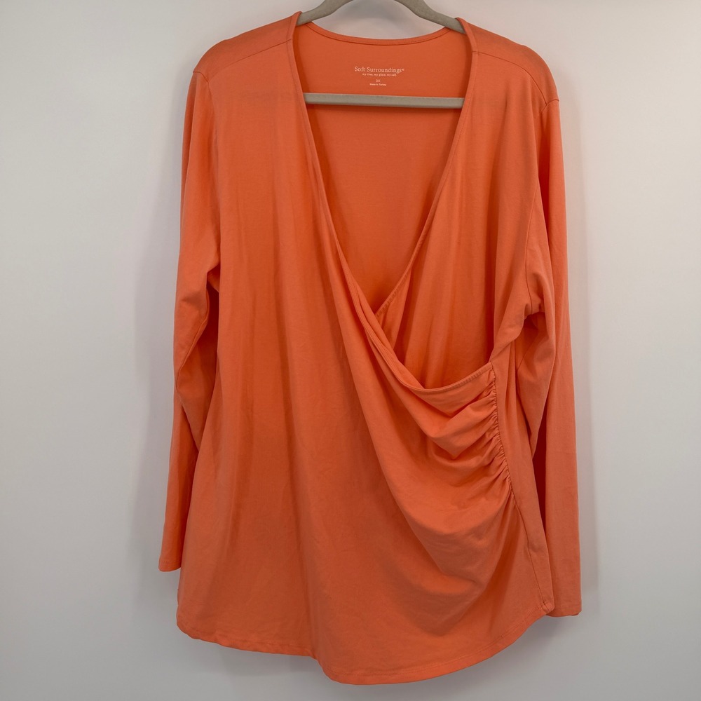Soft Surroundings 3X Coral Orange Wrap Surplice Ruched Long Sleeve Top Bright